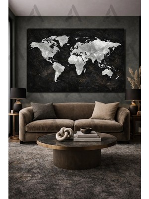 Artease Modern Gümüş Tonlu Dünya Haritası Kanvas Tablo