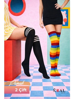 Kral Socks Kadın Dizüstü Çorap (2 Çift) Günlük Düz Çizgili Pamuklu Diz Üstü Siyah Çorap Yeni Trend