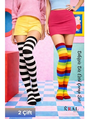 Kral Socks Kadın Dizüstü Çorap (2 Çift) Günlük Düz Çizgili Pamuklu Diz Üstü Siyah Çorap Yeni Trend