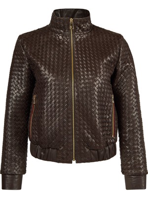 Derimod Della Kadın Kahverengi Örgü Desenli Kısa Deri Mont 26SGD5643AL