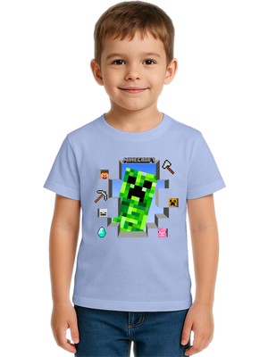 Sedirli Unisex Mınecraft Baskılı Çocuk Tişört Pamuklu Penye Kumaş
