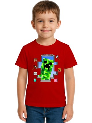 Sedirli Unisex Mınecraft Baskılı Çocuk Tişört Pamuklu Penye Kumaş