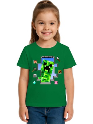 Sedirli Unisex Mınecraft Baskılı Çocuk Tişört Pamuklu Penye Kumaş