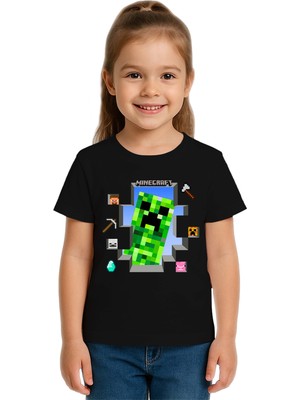 Sedirli Unisex Mınecraft Baskılı Çocuk Tişört Pamuklu Penye Kumaş