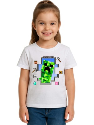 Sedirli Unisex Mınecraft Baskılı Çocuk Tişört Pamuklu Penye Kumaş