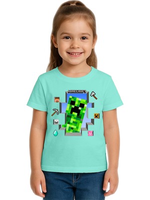Sedirli Unisex Mınecraft Baskılı Çocuk Tişört Pamuklu Penye Kumaş