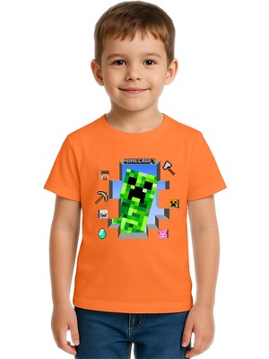 Sedirli Unisex Mınecraft Baskılı Çocuk Tişört Pamuklu Penye Kumaş