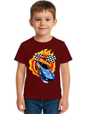 Sedirli Unisex Hot Wheels Baskılı Çocuk Tişört Pamuklu Penye Kumaş