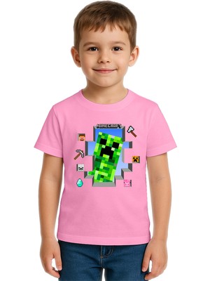 Sedirli Unisex Mınecraft Baskılı Çocuk Tişört Pamuklu Penye Kumaş