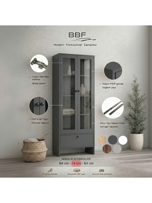 BBF Furniture Antrasit Cam Kapaklı Modern %100 MDF Kitaplık ve Vitrin Dolap – Çekmeceli, Çok Amaçlı Saklama Ünitesi
