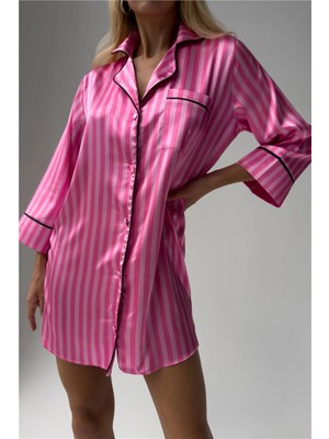 Coccolarsi Strisce Rosa Scuro Saten Uzun Tunik Gecelik