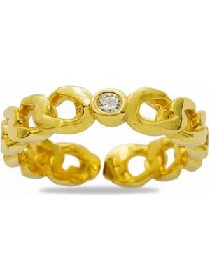 Tesbihname Zirkon Taşlı Zincir Tasarım Gold Renk 925 Ayar Gümüş Kadın Tektaş Yüzük