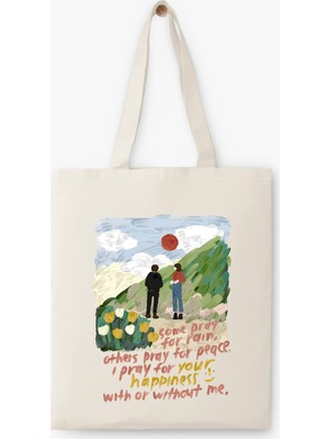 Çınar Bez Çanta I Pray For Your Happiness Baskılı Ham Bez Çanta Bej Renkli Şık Tasarım