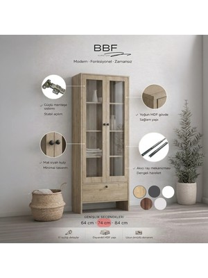 Lefkas Meşe Cam Kapaklı Modern Vitrin Dolap – Çekmeceli Çok Amaçlı Raflı Kitaplık