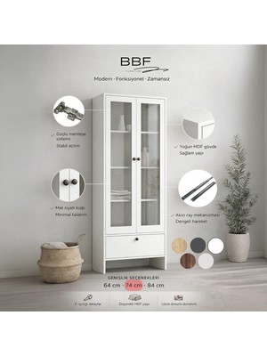 Cam Kapaklı Beyaz Çok Amaçlı Kitaplık Dolap – Çekmeceli Modern Raflı Vitrin