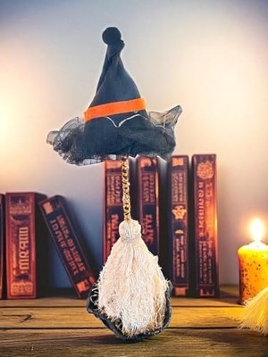 Halloween Cadı Şapkası, LED Işıklı, Siyah Kumaş, Cadı Süpürgesi, Turuncu Şeritli, Dekoratif Süsleme, Pilli