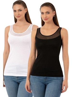 Özkan Underwear Özkan 20575 2'li Paket Kadın Pamuklu Likralı Süprem Siyah Beyaz Tül Detaylı Kalın Askılı Atlet