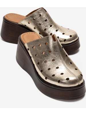 Luvi Nıves Altın Hakiki Deri Delikli Kadın Dolgu Topuklu Terlik