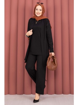 TK Kimonolu Tesettür Üçlü Takım Siyah