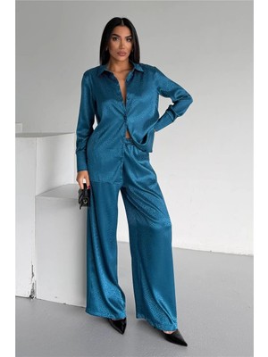 Coccolarsi Pioggia Soave Turkuaz Jakarlı Saten Uzun Takım