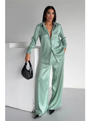 Coccolarsi Pioggia Soave Mint Jakarlı Saten Uzun Takım