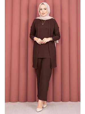 TK Kimonolu Tesettür Üçlü Takım Kahve