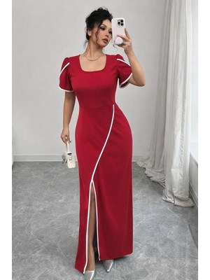 Stelol Kadın Kısa Kollu Kare Yakalı Önden Çapraz Kesim Detaylı Krep Elbise