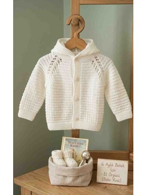 Yarımada Kadın Kooperatifi El Örgüsü Kapüşonlu Bebek Ceketi - Bebe Yünü - 6-9 Ay Beyaz Hırka