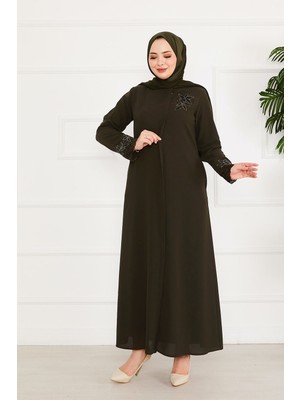OC Çiçek Detaylı Güpürlü Tesettür Ferace Haki