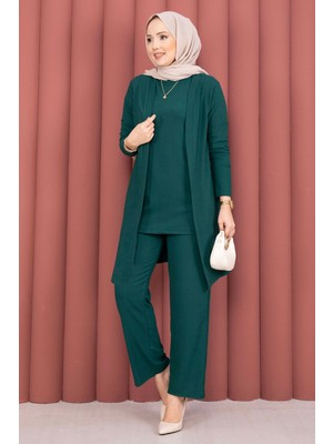 TK Kimonolu Tesettür Üçlü Takım Zümrüt