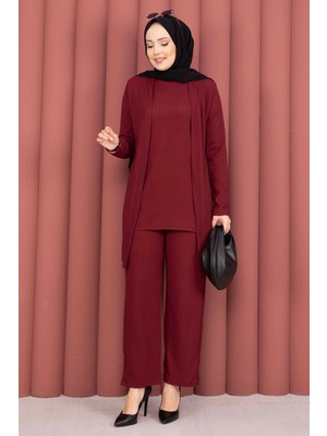 TK Kimonolu Tesettür Üçlü Takım Bordo