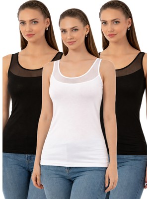 Özkan Underwear Özkan 20575 3'lü Paket Kadın Pamuklu Likralı Süprem Siyah Beyaz Tül Detaylı Kalın Askılı Atlet