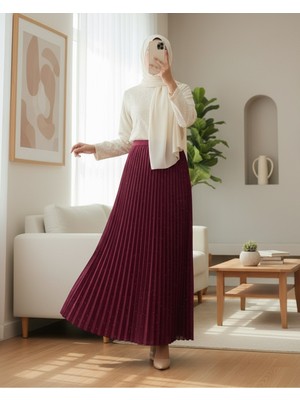 Modamorfo Taşlı Pliseli  Etek -Bordo