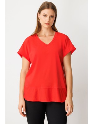 On Kadın Büyük Beden V Yaka Parçalı T-Shirt 71476 Mercan