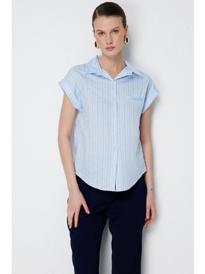 On Kadın Çizgili Kısa Kollu Gömlek 74545 Mavi