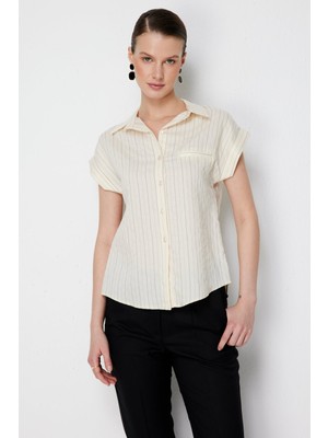 On Kadın Çizgili Kısa Kollu Gömlek 74545 Vanilya