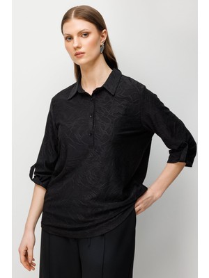 On Kadın Büyük Beden Yarım Kollu Işlemeli Bluz 71342 Siyah