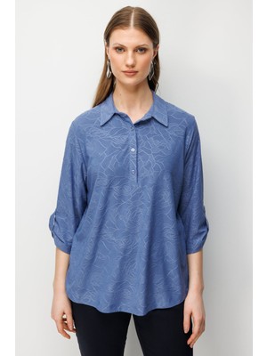 On Kadın Büyük Beden Yarım Kollu Işlemeli Bluz 71342 Indigo