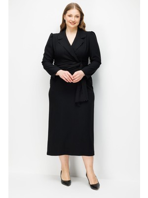 Moda İlgi Moda Ilgi Kadın Büyük Beden Kruvaze Yaka Boncuk Aksesuarlı Uzun Elbise 0002 Siyah