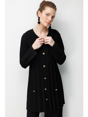 Desen Triko Kadın Sıfır Yaka Pileli Uzun Triko Ceket 26369 Siyah