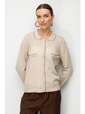 Desen Triko Kadın Polo Yaka Ajurlu Araboy Ince Triko Hırka 26356 Bej