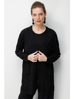 Desen Triko Kadın V Yaka Etek Ucu Baklavalı Önü Açık Ince Triko Hırka 26366 Siyah