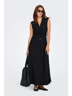 Only Kadın Onlgoa Kruvaze Yaka Beli Lastikli Keten Maxi Elbise 15363694 Siyah
