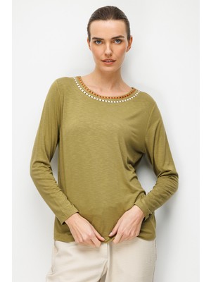 Desen Triko Kadın Sıfır Yaka Yakası Iki Renkli Işlemeli Taşlı Penye Bluz 26848 Haki