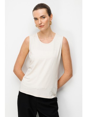Desen Triko Kadın Sıfır Yaka Flamlı Kumaş Basic Askılı T-Shirt KMY24086 Bej