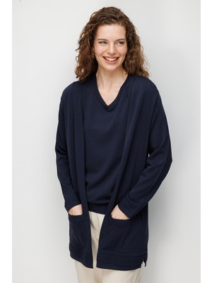 Desen Triko Kadın V Yaka Etek Ucu Baklavalı Önü Açık Ince Triko Hırka 26366 Lacivert