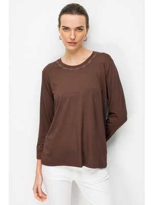 Desen Triko Kadın Sıfır Yaka Yaka Kenarı Işlemeli Penye Bluz 26705 Koyu Kahve