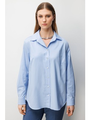 Ekol Kadın Büyük Beden Polo Yaka Pamuklu Gömlek 2560 Mavi