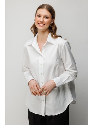 Ekol Kadın Büyük Beden Polo Yaka Pamuklu Gömlek 2560 Ekru