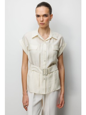 Ekol Kadın Beli Kemerli Kısa Kollu Bluz 2086 Krem